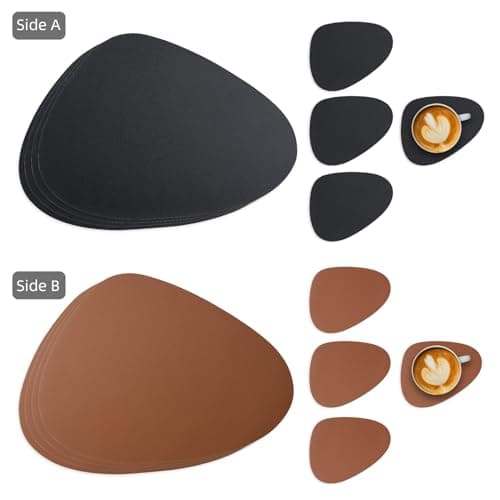 NOSTHEART Set de Table Lavable et Dessous de Verre, Set de Table Rond Cuir, Sets de Table AntidéRapants et ImperméAbles à Double Face - Lot de 8, Noir Marron