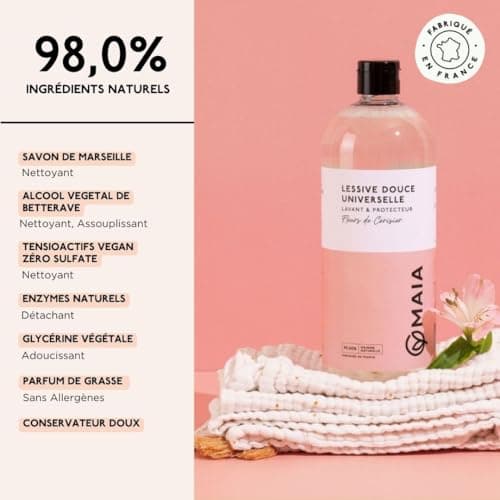 MAIA - Lessive Naturelle Fleurs de Cerisier 3L - 99 lavages - Lavage en Machine - Efficacité Anti-Taches - Formule Sans Allergènes - Emballage Écologique - Fabriquée en France