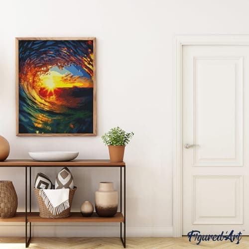 Figured’Art Diamond Painting Broderie Diamant 40x50cm Avec Cadre Toile Tendue Strass Perles Carrés - Vague et coucher de soleil - Kit Complet 5D DIY Activité Manuelle Loisirs Créatifs Adultes