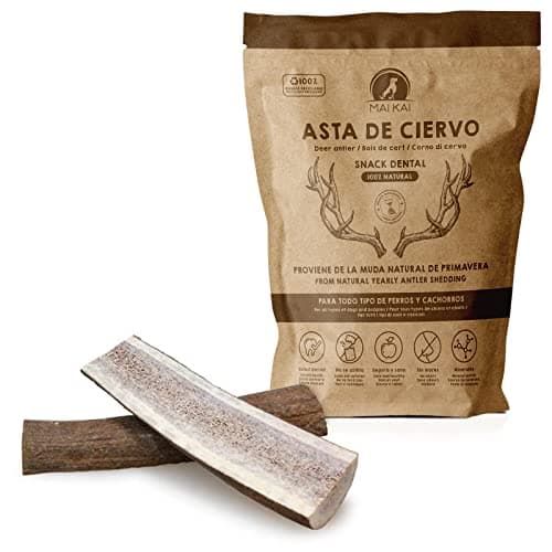 MAIKAI Lot de 2 Bois de Cerf Tranché pour Chien Taille M - Os à Mâcher pour Chien jusqu'à 20 kg - Corne de Cerf Résistant - Favorise l'Higiéne Dentaire et l'Haleine - Jouet Naturel pour Chien