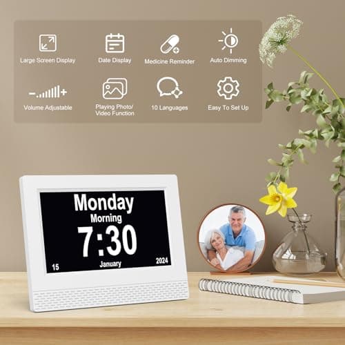 Horloge Numérique Calendrier, 7" Pouce LCD Auto Dimming 10 Langues avec Date Jour et Heure Horloge Non-Abrégée, Plusieurs Modes pour Vision Altérée Alzheimer Les Personnes âgées - Blanc