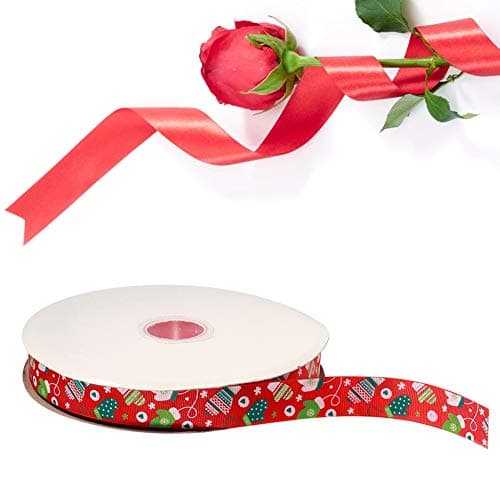 Jerliflyer Rouleau de Rubans de Noël de 100 mètres, Ruban de Noël Blanc, Rouge et Vert pour l'emballage de Cadeaux, Ruban de Vacances en Soie Polyester pour Accessoires de Cheveux, (100 Yards/Roll)