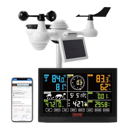 VEVOR Station Météo WiFi 7 en 1 Station Météo sans Fil Intérieur Extérieur Solaire Grand Écran Couleur 7,5 po Station Météo Numérique Capteur pour Température Humidité Vitesse Direction de Vent Pluie