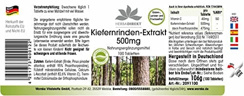 Extrait d'écorce de pin 500mg - hautement dosé - vegan - 100 comprimés - avec vitamine C | Warnke Vitalstoffe - Qualité des pharmacies allemandes