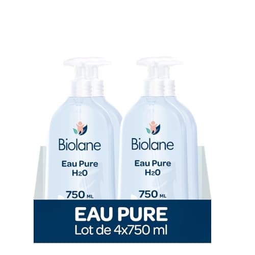 BIOLANE - Lot de 4 Flacons Eau Pure H2O - Nettoyant pour le visage, corps et siège du bébé - Sans rinçage - 4 flacons-pompe de 750ml - Fabriqué en France