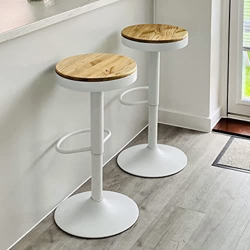Kidol & Shellder Lot de 2 Tabourets de Bar Blanc, Bois Massif, Tabourets de Comptoir à Hauteur Réglable pour Comptoir de Cuisine, Bois Massif-Métal, Vintage Industriel Moderne