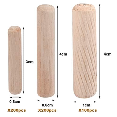 FOROREH 500pcs Chevilles en Bois Assorties M6 M8 M10, Tourillons en Hêtre, Cheville de Meuble φ6 * 30mm / φ8 * 40mm / φ10 * 40mm tourillon Bois pour Meubles en Bois Dur Rainuré