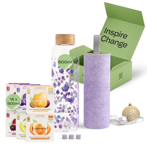 waterdrop® Coffret Cadeau, Bouteille en Verre 600ml, Étanche et Compatible avec Eau Gazeuse, 18 Cubes à Boire Sans Sucre, Idée Cadeau Noël Femme & Homme, Premium Cadeau de Noël, Idéal Coffret Cadeau