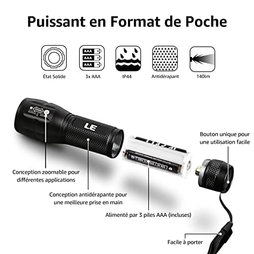 Lepro Lampe Torche Zoomable 3 Piles AAA Incluses | Lampe de poche LED puissante, étanche IPX4, corps en aluminium, compacte, pour camping, randonnée, urgence