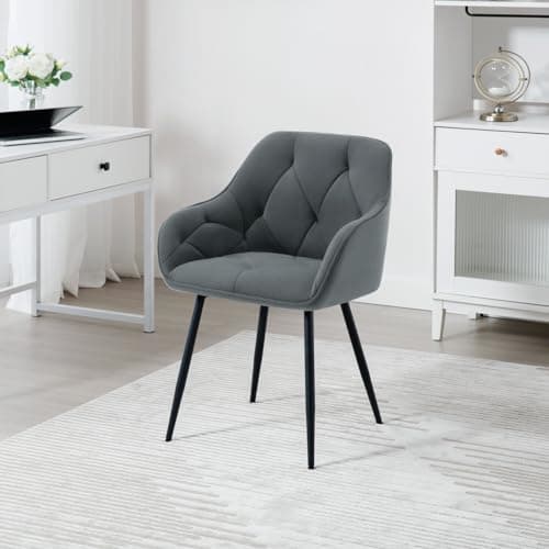 WOLTU Lot de 4 Chaises de Salle à Manger, Chaises de Cuisine Rembourrées avec Dossier, Accoudoirs, Pieds en Métal, pour Salon, Bureau, Coiffeuse, en Velours, Gris foncé, EZS02dgr-4