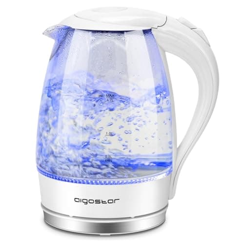 Aigostar Eve - Bouilloire Électrique en Verre Borosilicaté avec éclairage LED Bleu, Cristal Transparente, 2200W, 1,7L, Filtre Anticalcaire,Arrêt automatique, Base 360°,Sans BPA, Blanche