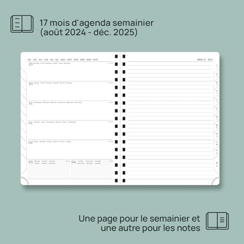 POPRUN Agenda 2025 Semainier D'août 2024 à déc 2025 Scolaire - Couverture Souple à Spirale, Onglets Mensuels, Papier 80 g/m2, Boucle de Stylo Autocollante - Format 22 x 16,5 cm, Bordeaux