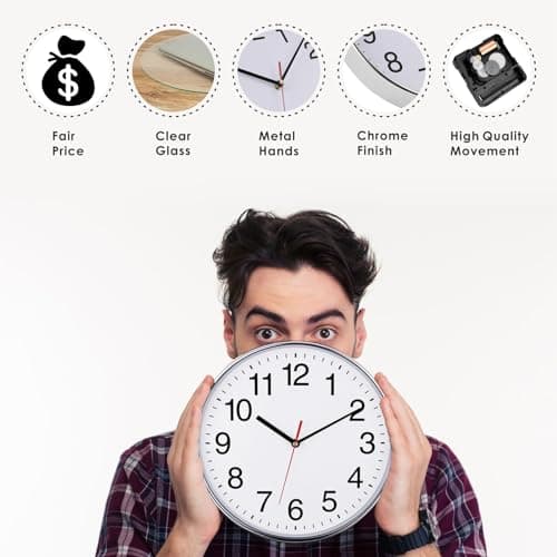 Plumeet Grande Horloge Murale, 30cm Horloge Murale Décorative de Qualité, Mécanisme Silencieux à Quartz, pour Maison/Cuisine/Bureau/École,Fonctionne sur Pile (Chrome)