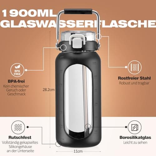 HYDRAGLAZIC 2L Verre Gourde avec paille et marqueur de temps Motivationnel Bouteille avec manchon en silicone Large bouche Borosilicate Cruche d'eau Sans BPA Anti-fuite, Noir