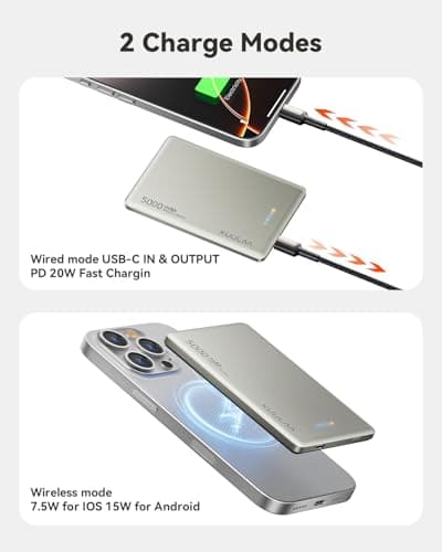 Batterie Externe 5000mAh, Batterie Externe Induction Magnetique PD 20W, Power Bank Charge Rapide sans Fil Compatible avec iPhone 15/14/13/12 Plus/Pro/ProMax - Titane