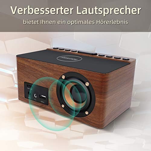 Radio Réveil Numérique en Bois avec Radio FM,Station de Charge sans fil Rapide Pour iPhone/Samsung Galaxy,Alarm Clock et Affichage LED,Variateur à 5 Niveaux,Port USB,Minuterie de Sommeil, Marron