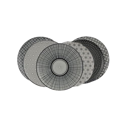 Ard'time - Lot de 6 Petites Assiettes Noires et Blanches, Vaisselle avec Motifs, Assiettes en Porcelaine, Assiettes Adaptées au Lave-vaisselle et Micro-onde, Collection KOMAE