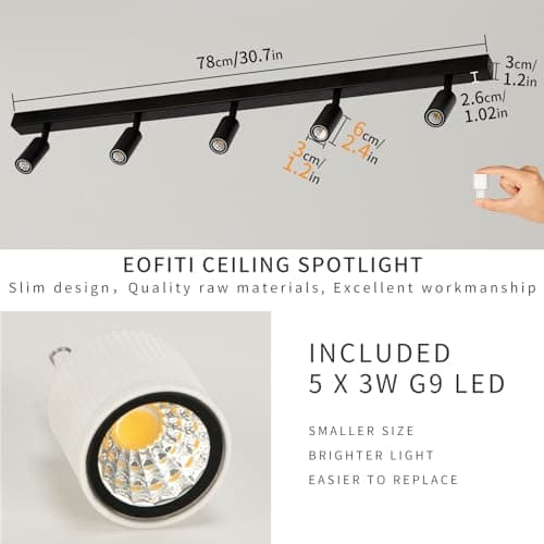 Eofiti Plafonnier LED 5 Spot Orientable Noir Spots LED G9 3W 3000K Blanc Chaud 360LM Moderne Éclairage de Plafond pour Salon Salle à Manger Cuisine Chambre Couloir Ampoules Incluses