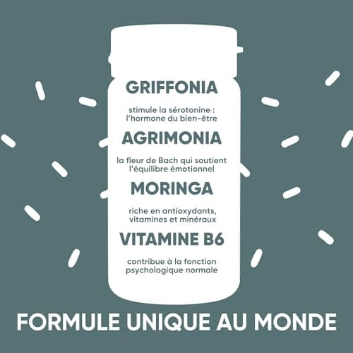 Griffonia 300mg 5-HTP Tryptophane | Avec Agrimony fleur de bach stress anxiété, Vit B6, Moringa BIO | Unique en France | Complément stress anxiété angoisse, BienÊtre Mental | RedMoringa 60 Gélules