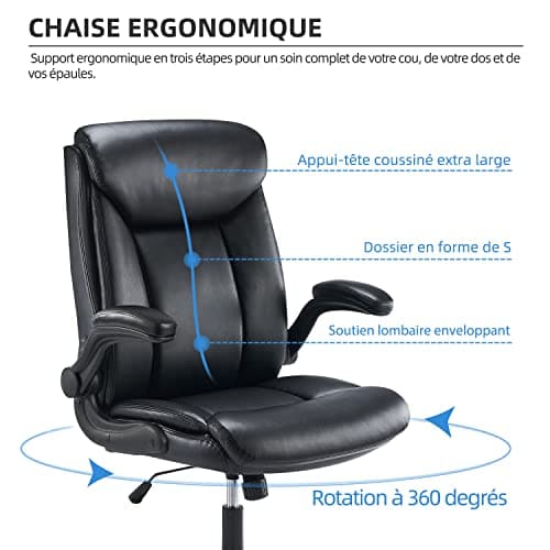 MZLEE Chaise de Bureau, Chaise Ergonomique en Cuir PU Pivotante avec Accoudoir Rabattable, Hauteur réglable, Confortable pour Les Jeux de Bureau à Domicile (Noir)
