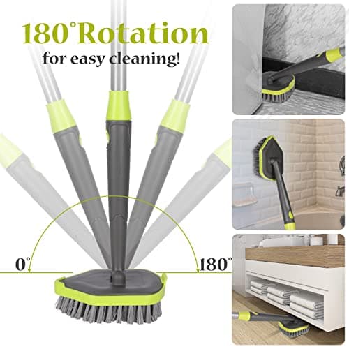 Masthome Brosse de Nettoyage 2 en 1 pour Baignoire et Carrelage avec Manche Long, Brosse à Récurer Amovible à Poils Rigides et 2 tête éponge pour Salle de Bain, Baignoire, Sol
