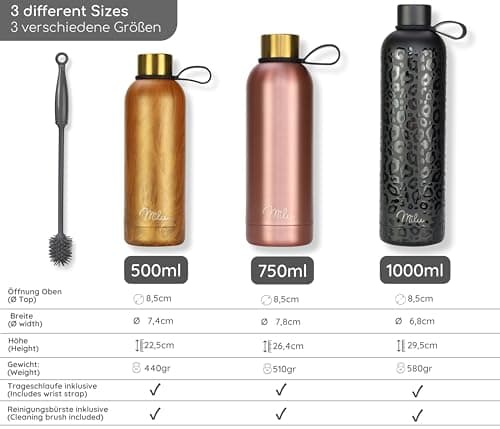 Milu Bouteille 500ml, 750ml, 1 L - d'eau en Acier Inoxydable - Double paroi isolée sous vide - Bouche Gourde Thermo Bouteilles (Rose, 1000ml)