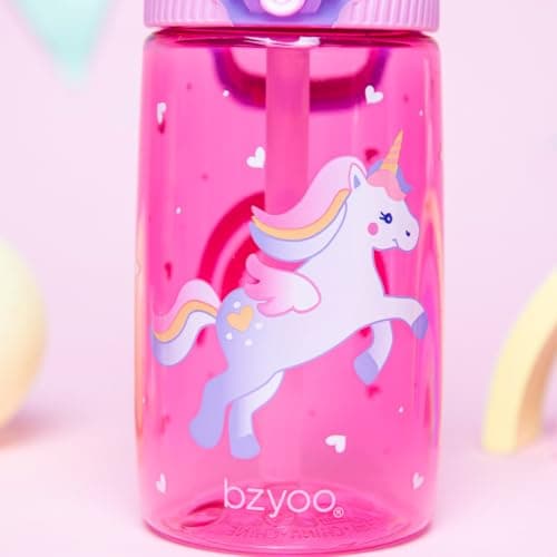 bzyoo Bouteille d'eau pour enfants 473,6 g – Étanche et facile à ouvrir ! Rose avec motifs de licorne mignons. Dispose d'une poignée et d'une fermeture sécurisée. Comprend une paille pratique pour une