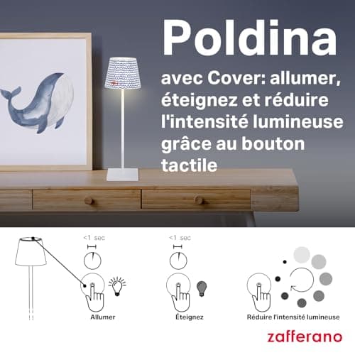 Zafferano, Lampe Poldina Pro avec Cover, Lampe de Table Rechargeable et Sans Fil avec Contrôle Tactile, Lampe d'Extérieur, Dimmer 2200-3000 K, Hauteur 38 cm, Couleur Blanc - Mer Bleue