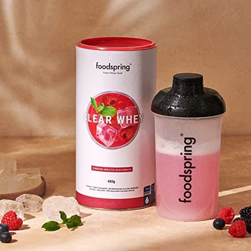 foodspring Clear Whey, Mojito Framboise, 480g, Shake protéiné léger et rafraîchissant de Whey Isolate premium.