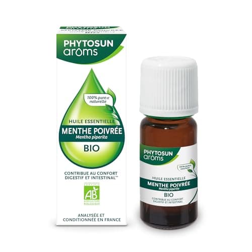 PHYTOSUN AROMS - Huile Essentielle Menthe Poivrée Bio - HEBBD - 100% Pure & Naturelle - 100% Bio - Contribue au Confort Digestif et Intestinal - Analysée & Conditionnée en France - 10 ml