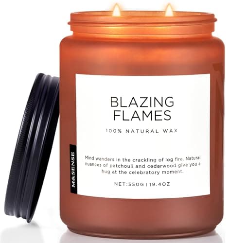 M&SENSE Bougie parfumée Flammes Ardentes Senteur feu de bois, patchouli et bois de cèdre Grande bougie en soja naturel de 550g Brûlage de 110 heures Cadeau de bougie d'aromathérapie