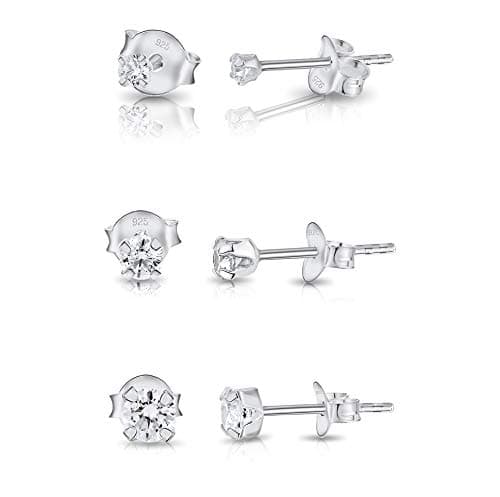 DTPsilver® 3 PAIRES lot boucles d'oreilles femme argent 925 - MINI et Petits Clous Puces d'oreilles en Argent Fin 925 et Oxyde de Zirconium Ronds - Diamètre: 2, 3, 4 mm - Blanc/Clair CZ