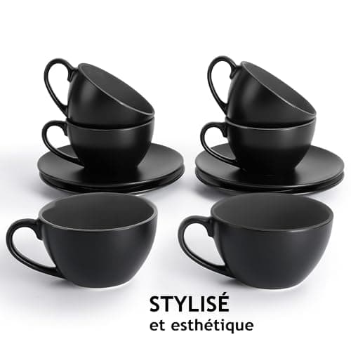 MIAMIO - 6 x 175 ml Ensemble Tasse Cappuccino - Tasses à cappuccino à parois épaisses en faïence - tasse a cafe - tasse cappuccino - service a cafe - tasse à café - Collection Le Papillon (Noir)