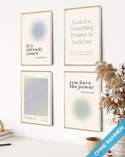 Lot de posters modernes Aura Aura - Style esthétique - Décoration de chambre prévue - Y2K - Numéro d'ange - Poster esthétique - Yoga - Beige - Vert - 4 x A4