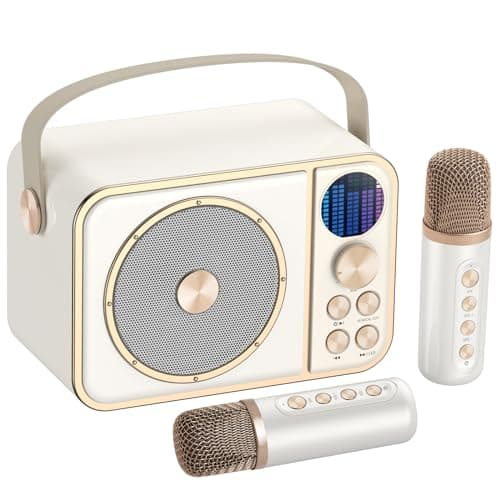 Machine de Karaoké avec 2 Micro sans Fil, Haut-Parleur Bluetooth Portable, Dispose 7 Effets Sonores, pour Fête et Voyage-Blanc