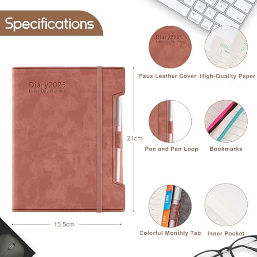 Agenda scolaire journalier 2025 de janvier 2025 à décembre 2025, 12 mois par page, format A5, couverture rigide, stylo, boucle pour stylo, autocollants (rose)