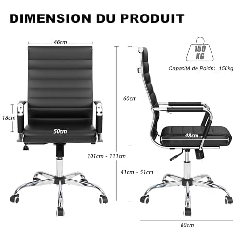 UEV Chaise de Bureau Ergonomique Kolumbus Cuir PU, Moderne avec roulettes et Accoudoirs, Hauteur Réglable, Pivotant Universel, Capacité de Poids jusqu'à 150kg, Noir