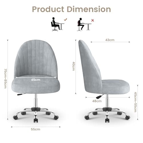 naspaluro Chaise de Bureau, Chaise de Coiffeuse en Velours, Chaise de Chambre sans Bras avec roulettes, Chaise de Bureau à Domicile, Chaise Souple Réglable en Hauteur pour La Chambre à Coucher,Gris