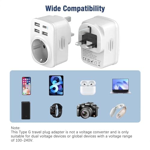 Hoppac Adaptateur Prise Anglaise, Prise Anglaise Adaptateur Francais Avec 3USB A et 1USB C,Adaptateur Voyage Multifonction 5 en 1 Prise Anglaise/UK vers France Pour UK,L'Irlande,Singapour,Dubai,Type G
