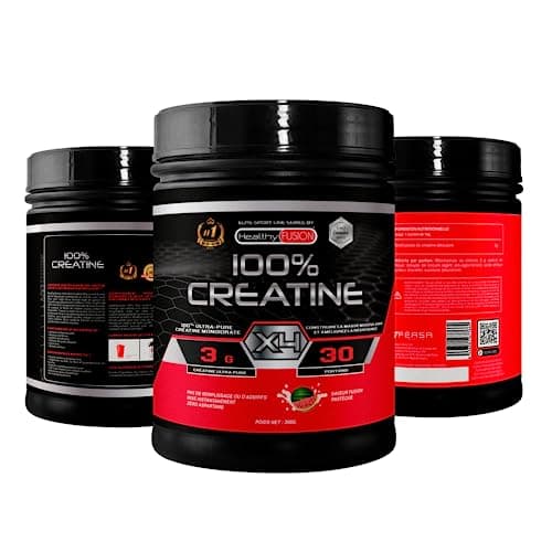 Healthy Fusion Creatine Monohydrate | Créatine pure microfiltrée avec vitamine B6 | Favorise la croissance musculaire | Créatine monohydrate en poudre aromatisée à la pastèque | 30 portions