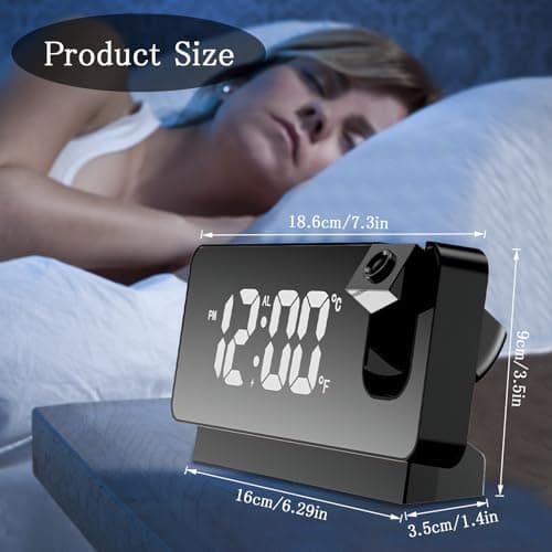 TNSLAND Réveil à projection, radio-réveil avec projection 180 °, réveil LED, horloge numérique, snooze, double gong, température USB, fonction de charge, horloge de projection pour la maison, le