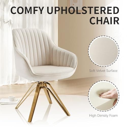 Zouron Chaise de Salle à Manger en Velours, Chaise de Bureau Pivotante avec Pieds Dorés, Fauteuil de Salon avec Accoudoirs et Siège Rembourré Épais, Beige