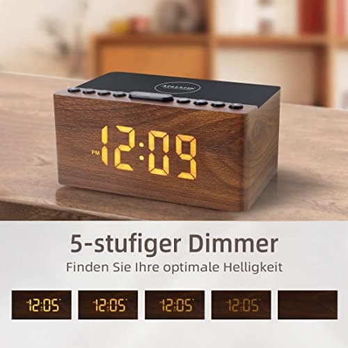 Radio Réveil Numérique en Bois avec Radio FM,Station de Charge sans fil Rapide Pour iPhone/Samsung Galaxy,Alarm Clock et Affichage LED,Variateur à 5 Niveaux,Port USB,Minuterie de Sommeil, Marron