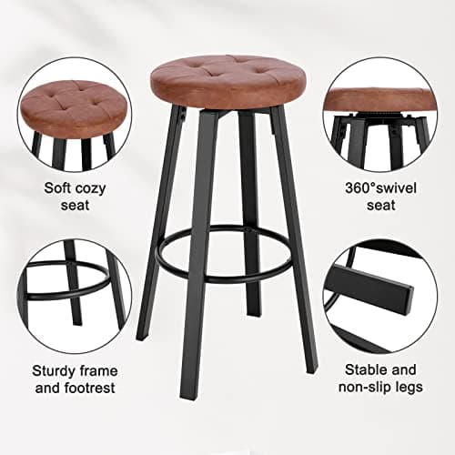 WOLTU Lot de 2 Tabouret de Bar avec Siège pivotant Ø 35,5cm, Tabouret à 4 Pieds en Métal, Tabouret Haut avec Repose-Pieds pour Salle à Manger, Cuisine, Cafétériat, Charge 120kg, Marron, BH330br-2