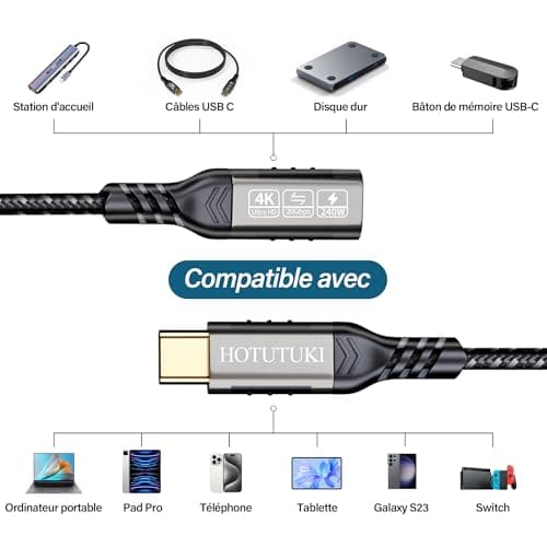 HOTUTUKI cable usb c male/femelle 50 cm,USB C 3.2 Gen2, 20gbs 240W/5A Compatible USB C 3.2, USB 3.1, USB 3.0, 4K à 60 Hz,usb extender cable,rallonge type c femelle