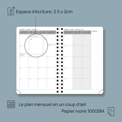 POPRUN Agenda de Poche 2025 A6 Semainier 16 x 10,5 cm - Couverture Souple en PU Cuir Spirale, Petit Agenda, D'Jan 2025 à Déc 2025-12 Mois, Règle signet, Papier Certifié FSC® 100 g/m2, Marron