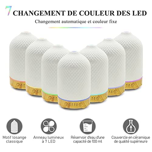 Diffuseur D'huiles Essentielles Diffuseur Electrique Ultrasonique Aromathérapie en Céramique 100ML avec Minuterie D'arrêt Automatique De 7 Couleurs pour Appartement Bureau Maison Yoga