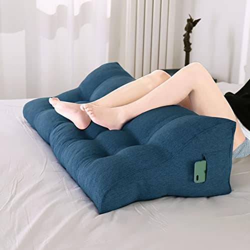 Johnear Coussin de Lecture Compensé Lin,Traversin Gros Coussin Canapé,Repos Oreiller Triangulaire Coussin à Coins, Coussin pour Jambe,Dossier de Soutien Lombaire,Bleu 100 x 26 x 55 cm
