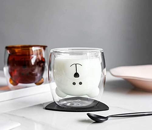 Tasse de Café Double Paroi Coupe en Verre Sapin Noël Tasses en Verre Petit ours Motif Le Lait Coupe Cadeau D'anniversaire Créatif Saint Valentin Romantique(White Bear)
