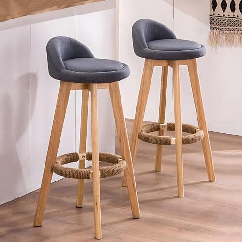 Lot de 2 Tabourets de Bar Gris, Chaises de Bar de Comptoir de Cuisine avec Siège en Tissu Rembourré, Pieds en Bois Massif, Tabourets de Bar Rotatifs à 360° Chaises Hauts de Salle à Manger (63cm)